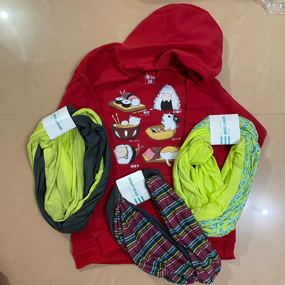 NWT Woman’s Sushi Red Hoodie 3 Double Layered Scarf Bundle / M